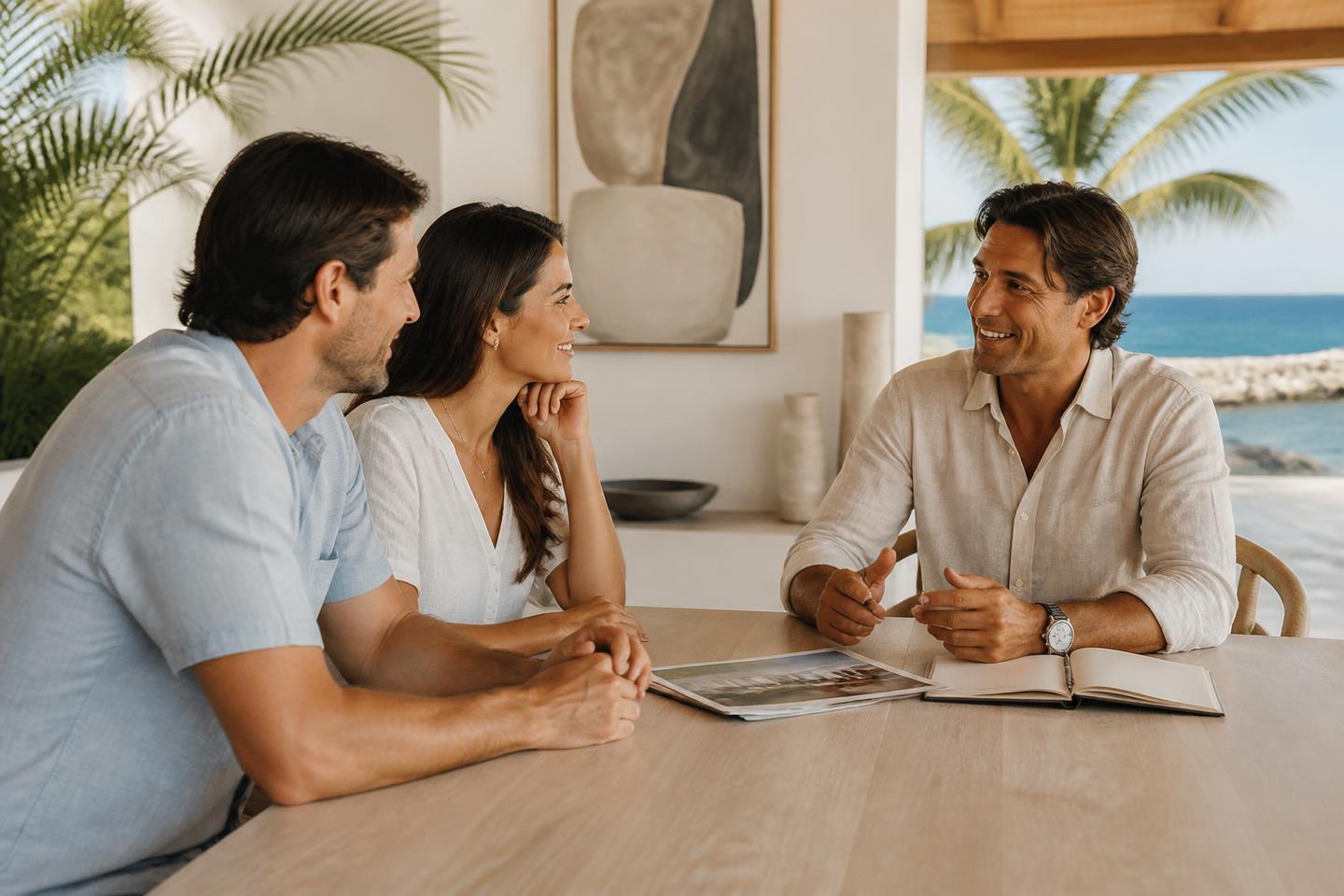 Makelaar in gesprek met een koperskoppel in een villa aan zee